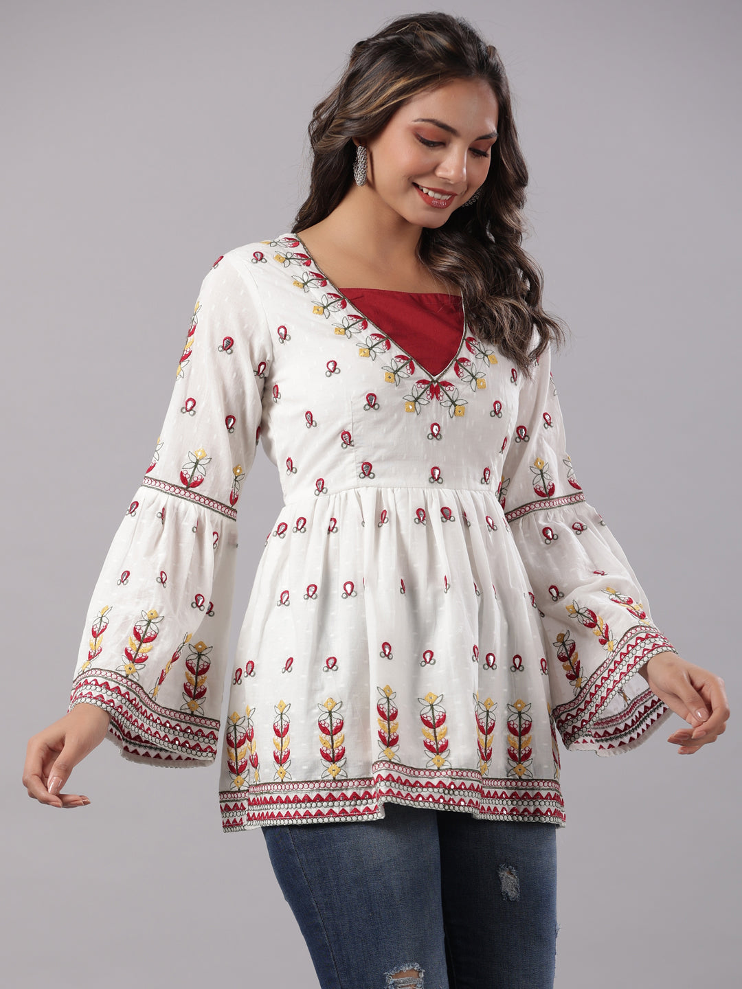 Multi-Color Cotton Dobby Peplum Tunic With Thread & Mirror Embroidery 
