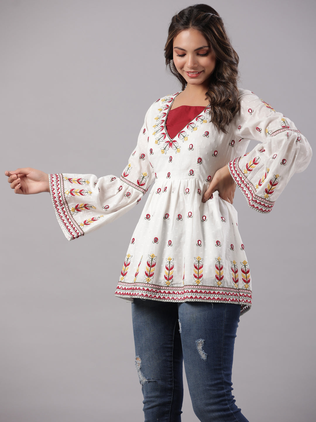Multi-Color Cotton Dobby Peplum Tunic With Thread & Mirror Embroidery 