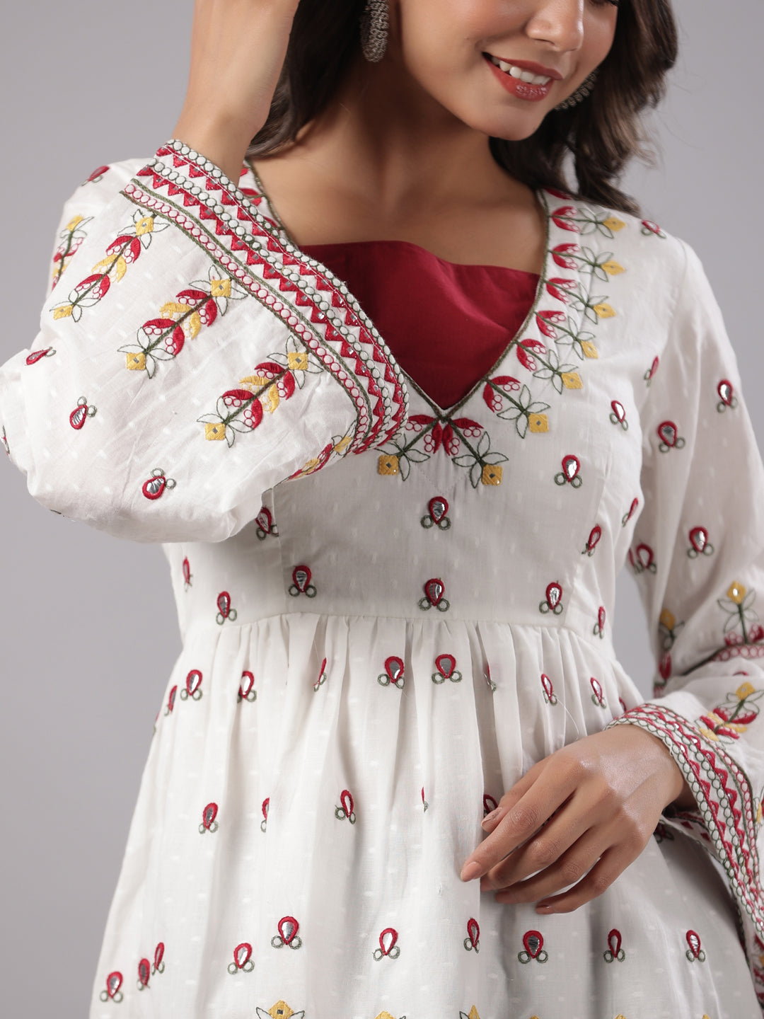 Multi-Color Cotton Dobby Peplum Tunic With Thread & Mirror Embroidery 