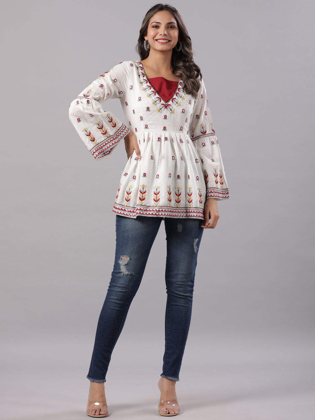 Multi-Color Cotton Dobby Peplum Tunic With Thread & Mirror Embroidery 