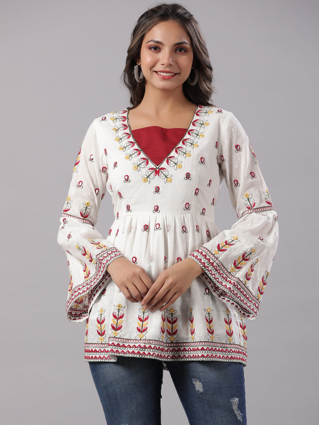 Multi-Color Cotton Dobby Peplum Tunic With Thread & Mirror Embroidery 