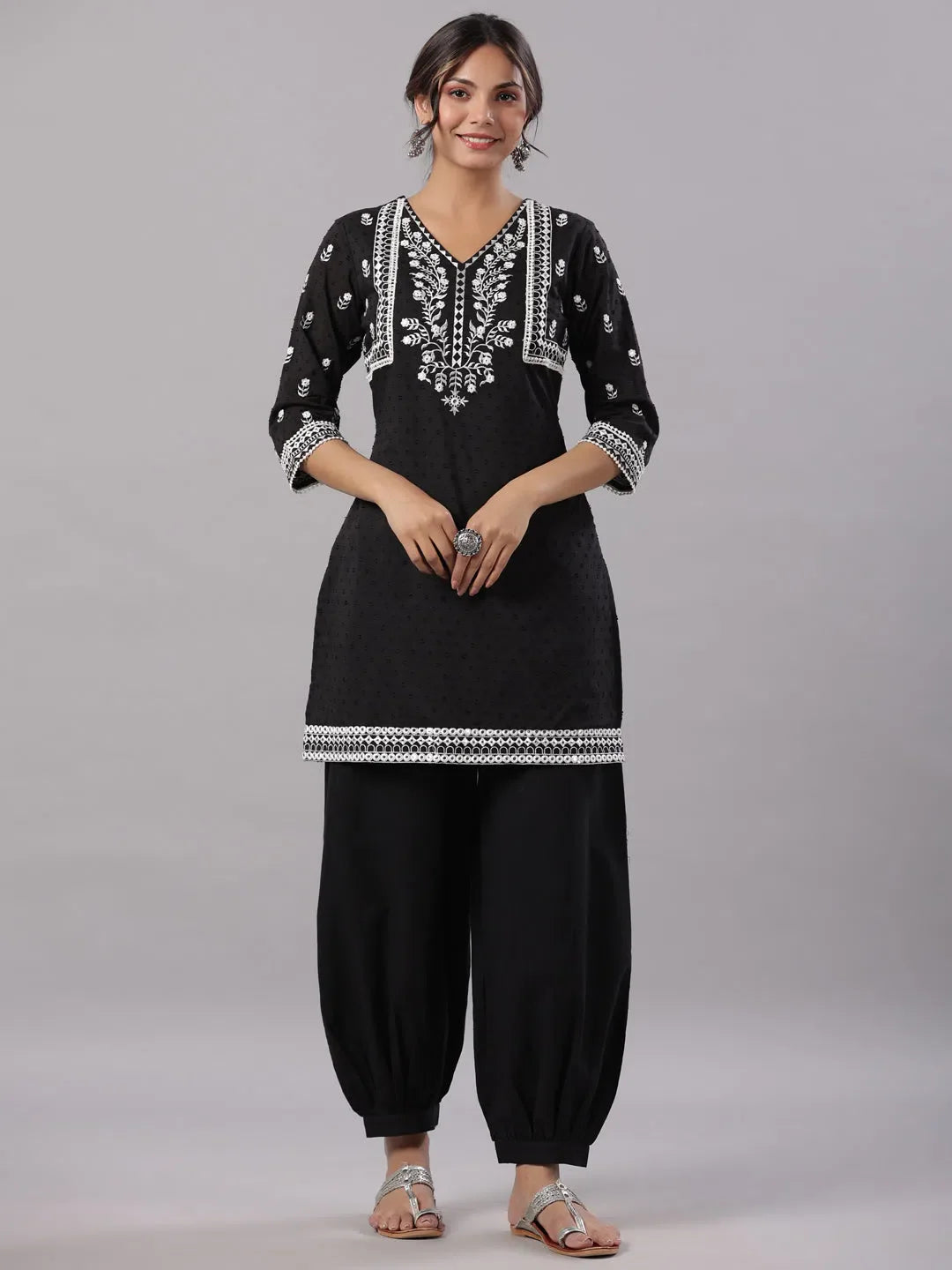 Women Black Cotton Dobby Embroidered Kurta, Pathani Salwar & Dupatta Set.