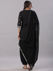 Women Black Cotton Dobby Embroidered Kurta, Pathani Salwar & Dupatta Set.
