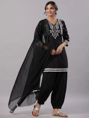 Women Black Cotton Dobby Embroidered Kurta, Pathani Salwar & Dupatta Set.