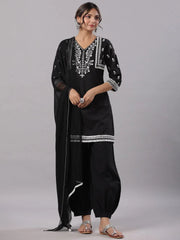 Women Black Cotton Dobby Embroidered Kurta, Pathani Salwar & Dupatta Set.