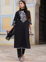 Women Black Cotton Dobby Embroidered Kurta, Pant & Dupatta Set.-3086BLACK-S