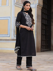 Women Black Cotton Dobby Embroidered Kurta, Pant & Dupatta Set.-3086BLACK-S