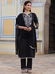 Women Black Cotton Dobby Embroidered Kurta, Pant & Dupatta Set.-3086BLACK-S