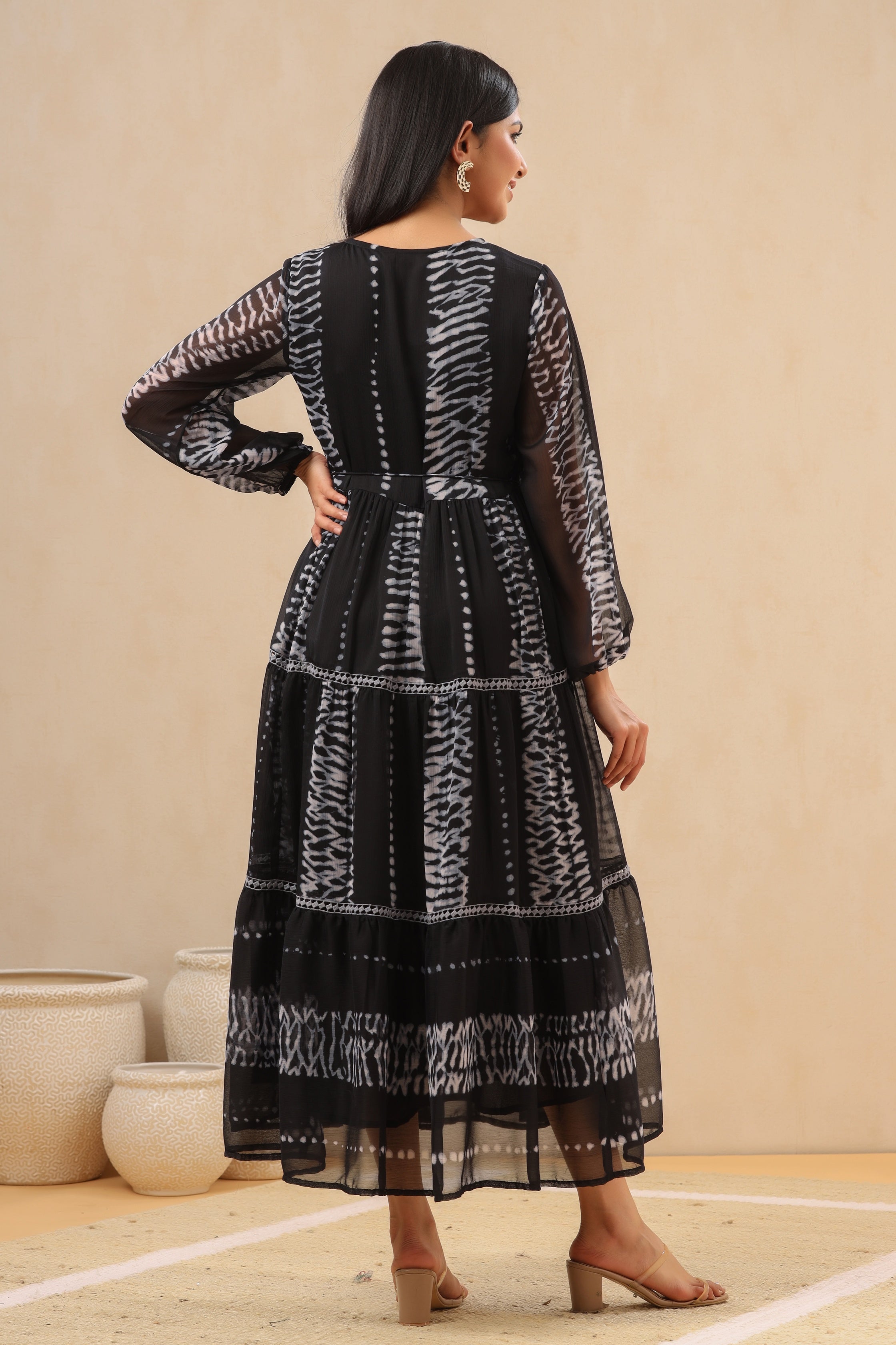 Women`s Black Chiffon Printed Tiered Dress | DesiQlo