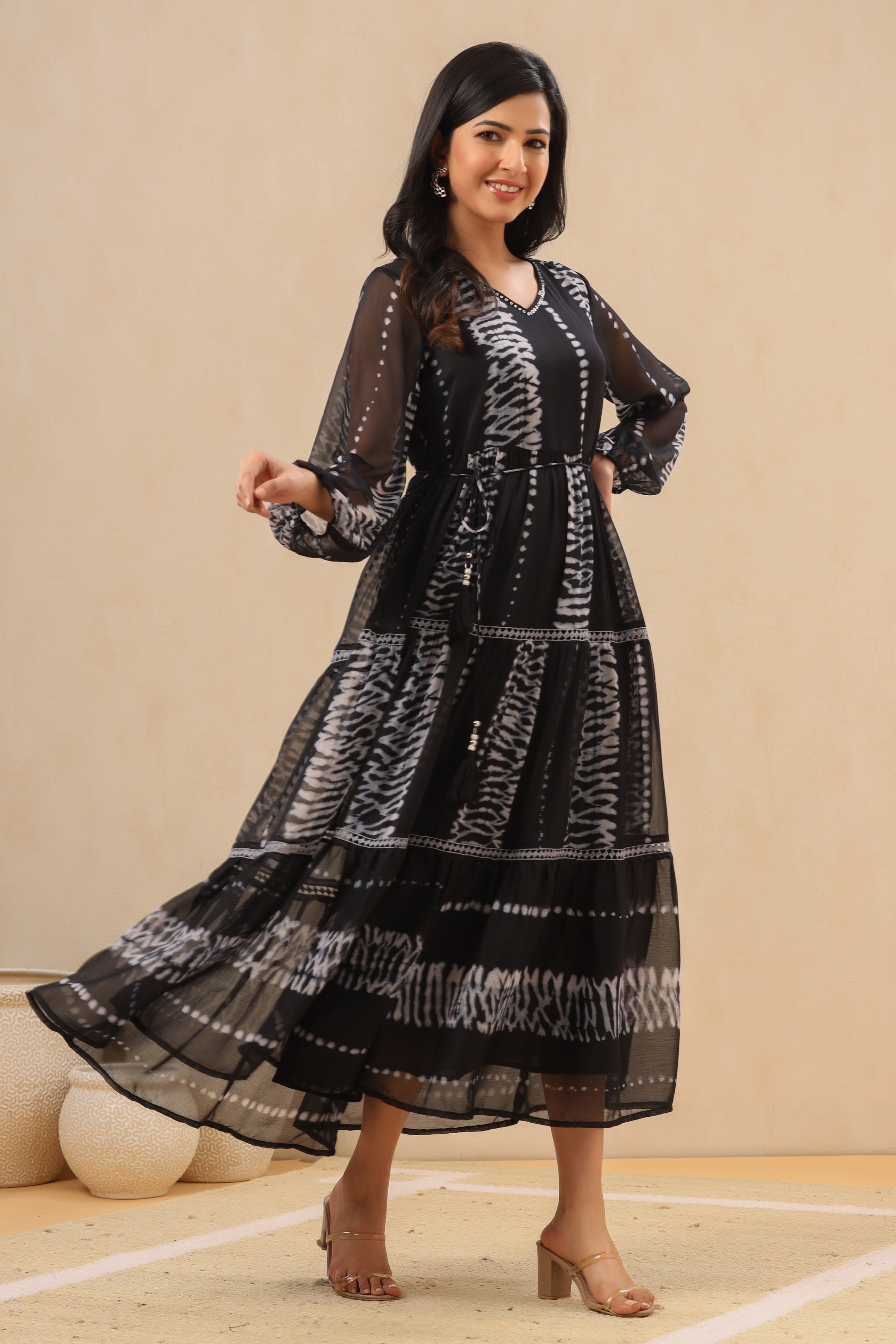 Women`s Black Chiffon Printed Tiered Dress | DesiQlo