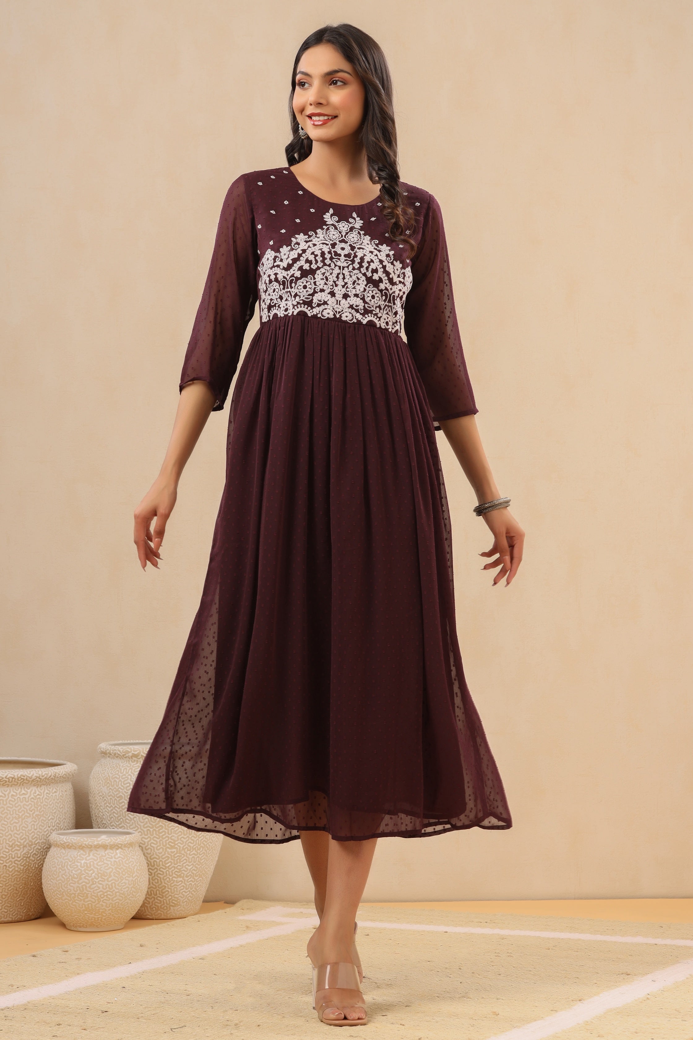 Women`s Purple Chiffon Solid Flared Dress | DesiQlo