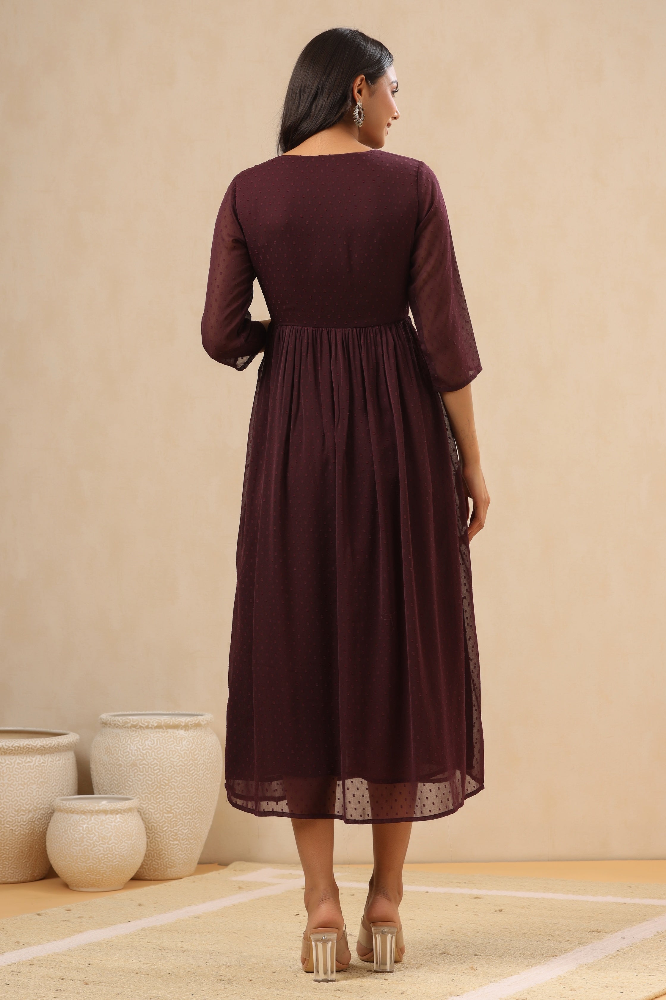 Women`s Purple Chiffon Solid Flared Dress | DesiQlo