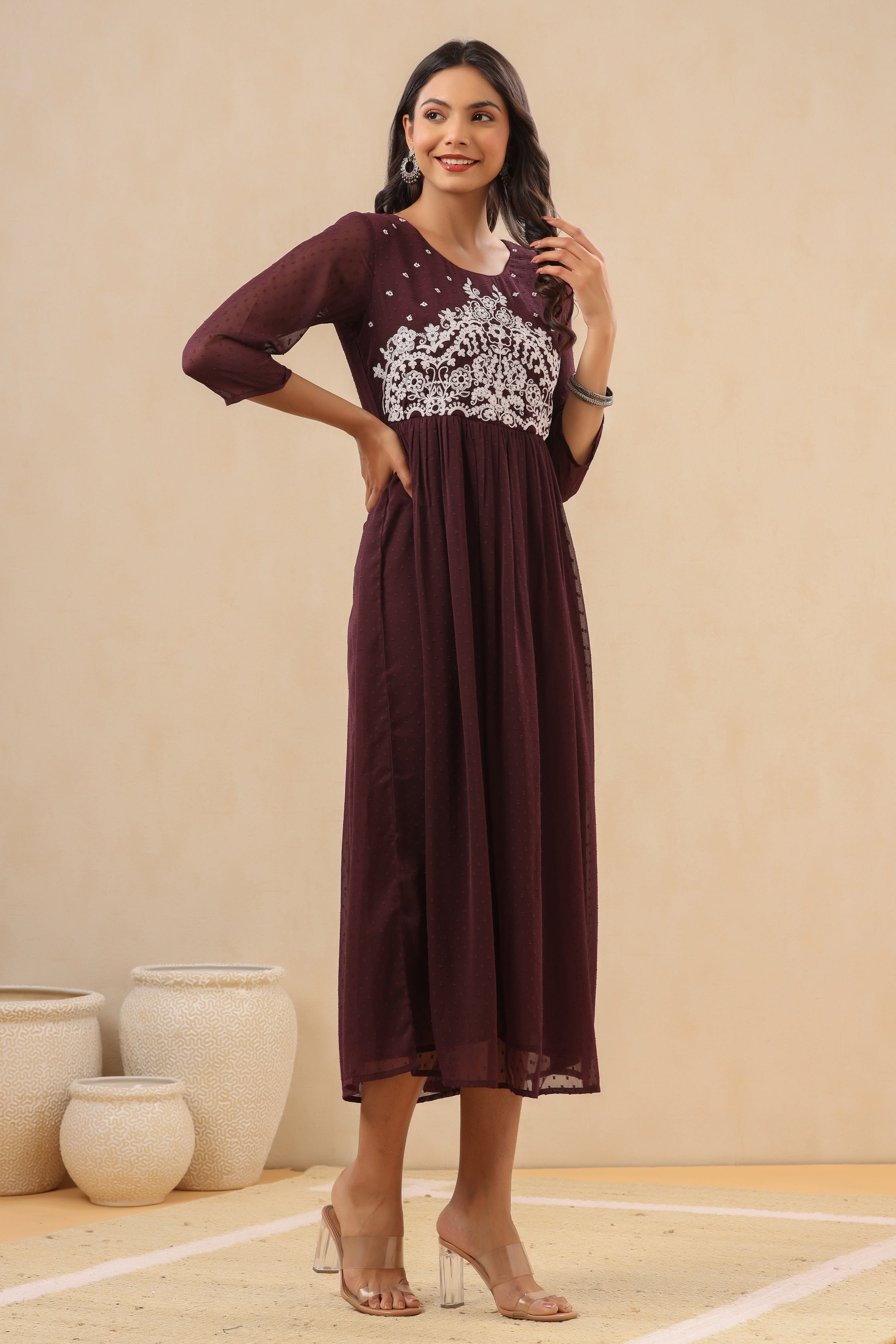 Women`s Purple Chiffon Solid Flared Dress | DesiQlo