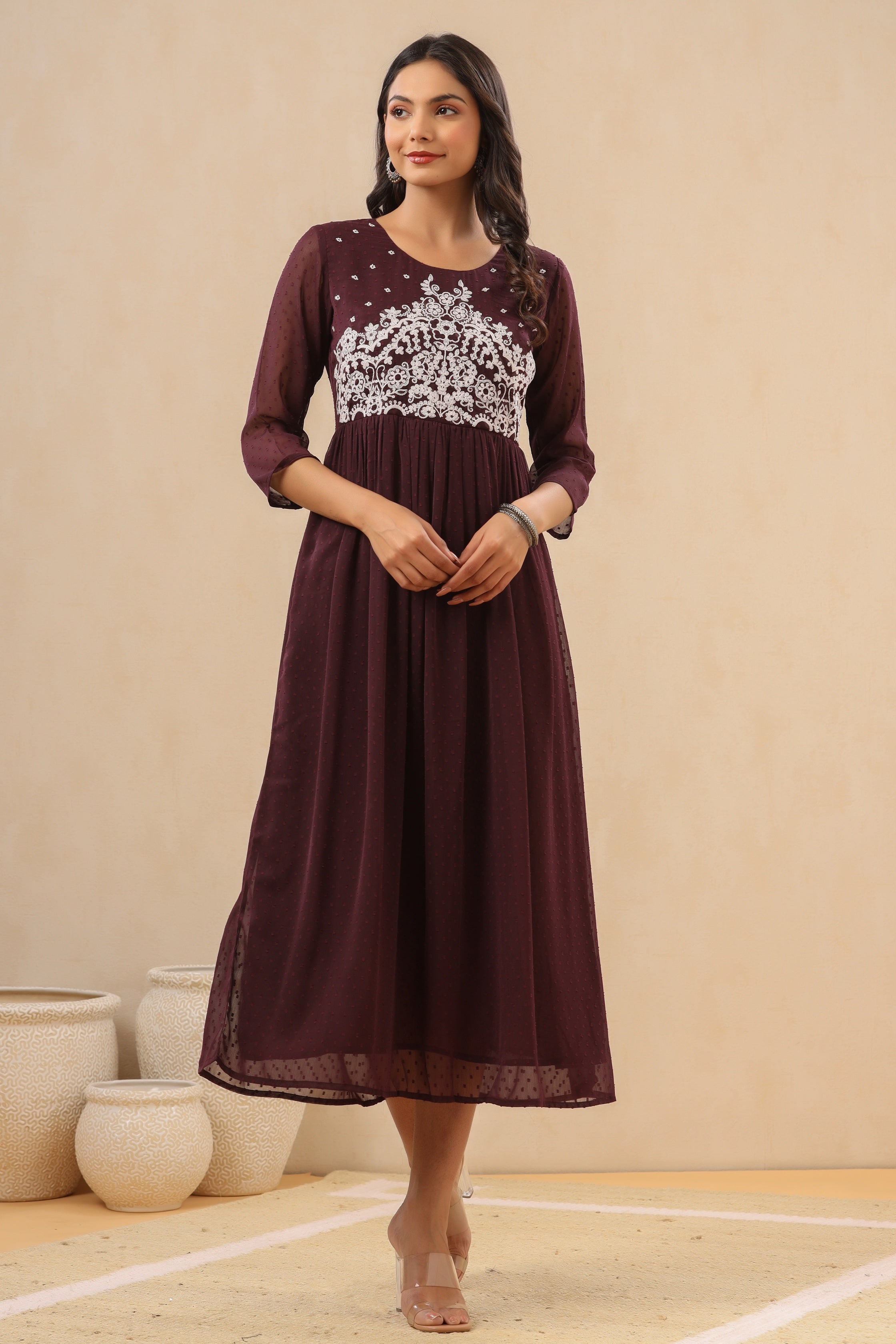 Women`s Purple Chiffon Solid Flared Dress | DesiQlo
