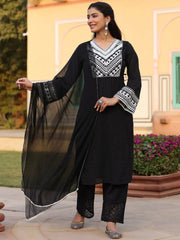 Women Black Cotton Dobby Embroidered Kurta, Pant & Dupatta Set.-3093BLACK-S