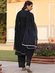 Women Black Cotton Dobby Embroidered Kurta, Pant & Dupatta Set.-3093BLACK-S