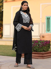 Women Black Cotton Dobby Embroidered Kurta, Pant & Dupatta Set.-3093BLACK-S