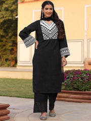 Women Black Cotton Dobby Embroidered Kurta, Pant & Dupatta Set.-3093BLACK-S