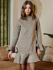High Neck Mini Dress In Grey Corduroy