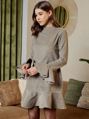 High Neck Mini Dress In Grey Corduroy