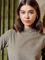 High Neck Mini Dress In Grey Corduroy