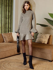 High Neck Mini Dress In Grey Corduroy