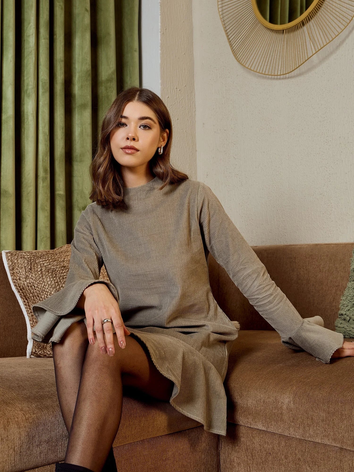 Grey Corduroy Mini Dress - Women's Western Wear Outfits