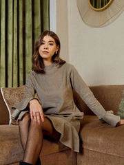 High Neck Mini Dress In Grey Corduroy