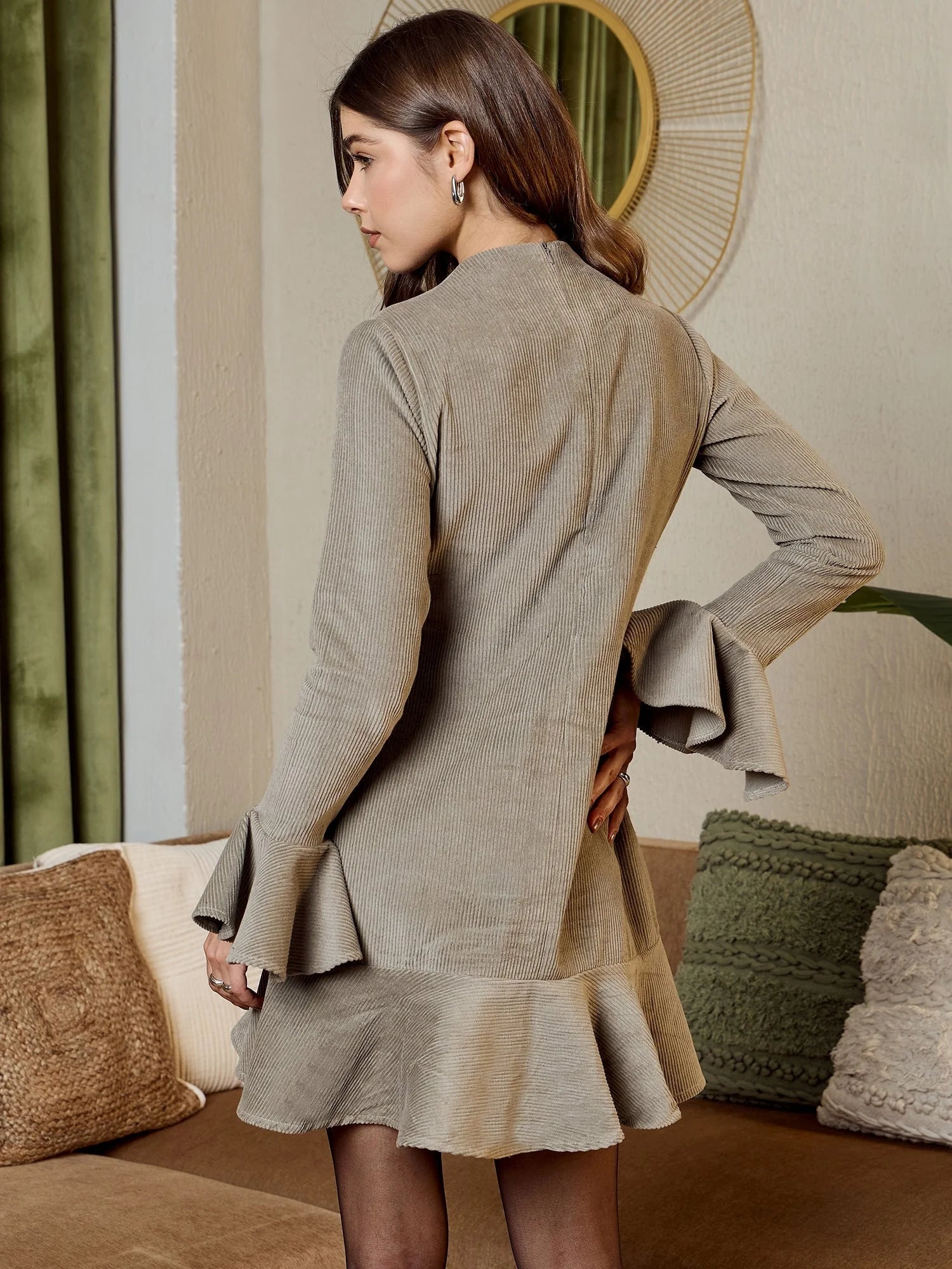 Grey Corduroy Mini Dress - Women's Western Wear Outfits