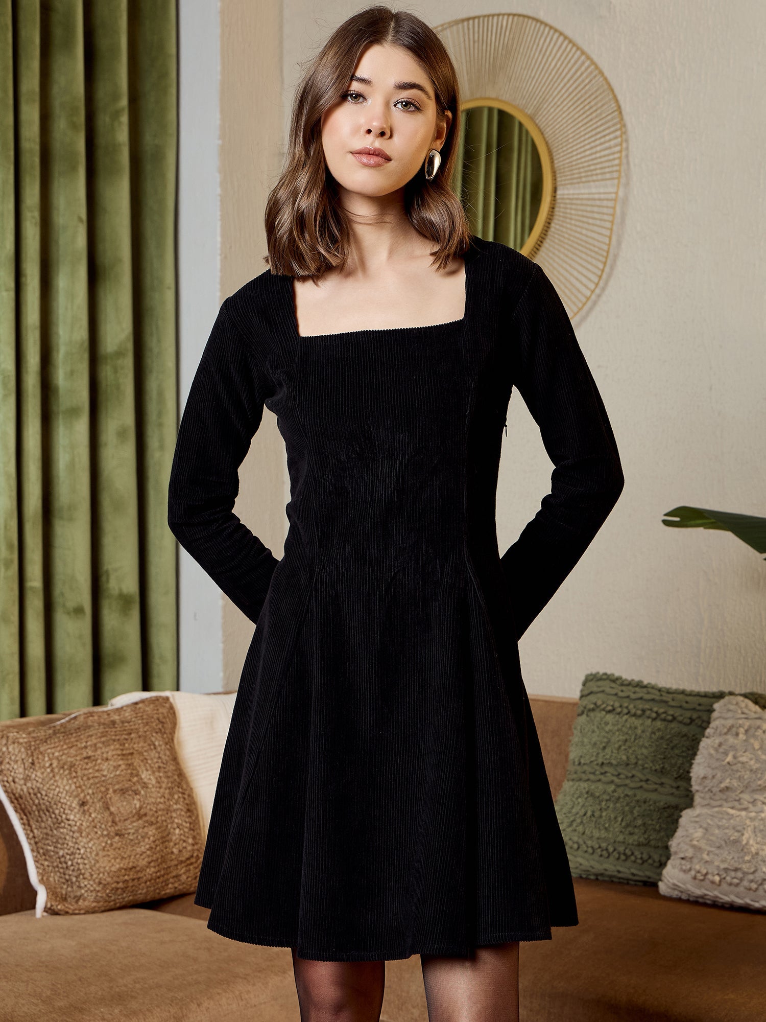 Black Corduroy Flare Dress - Women's Western Wear Fashion