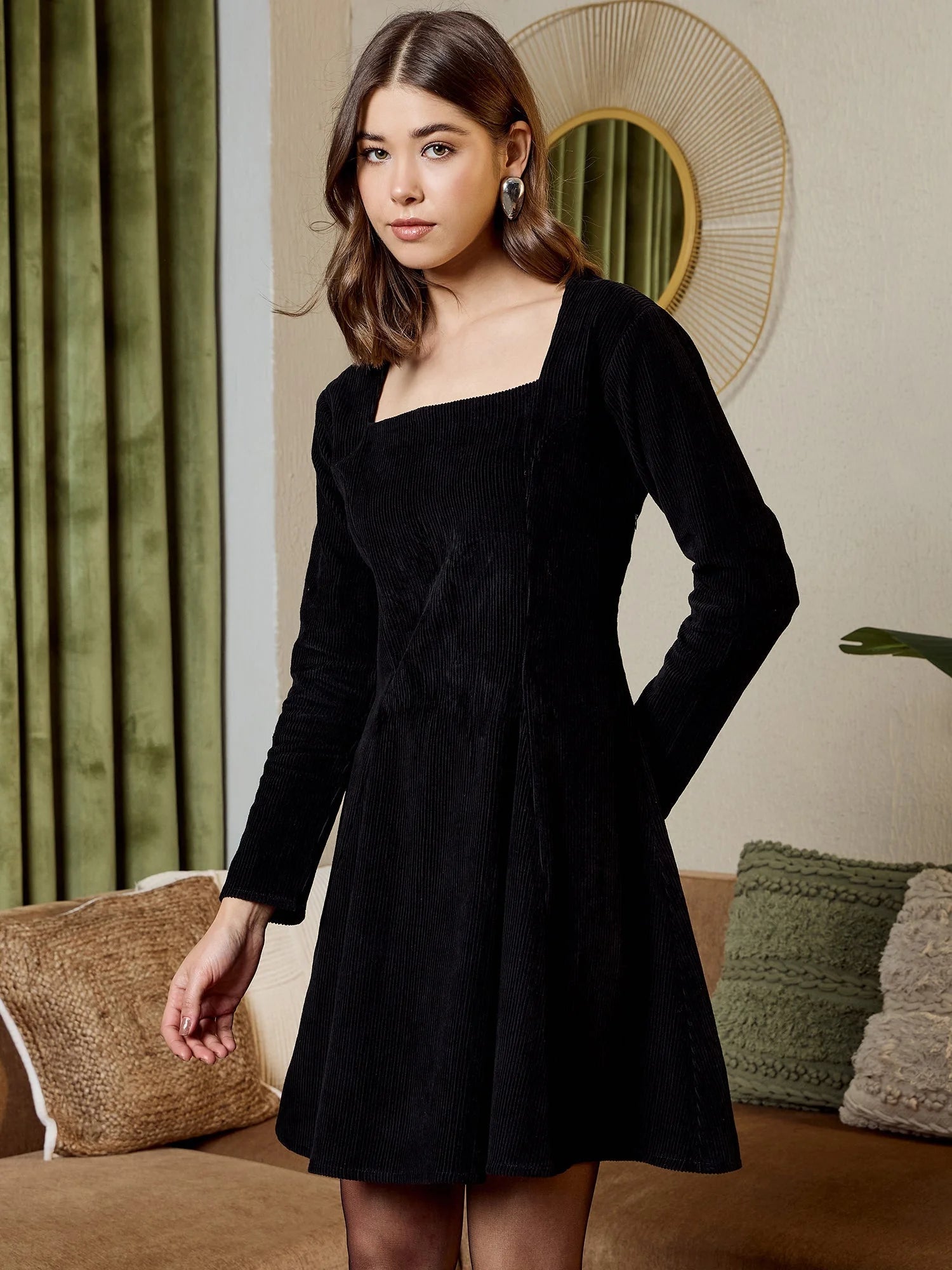 Black Corduroy Flare Dress - Women's Western Wear Fashion