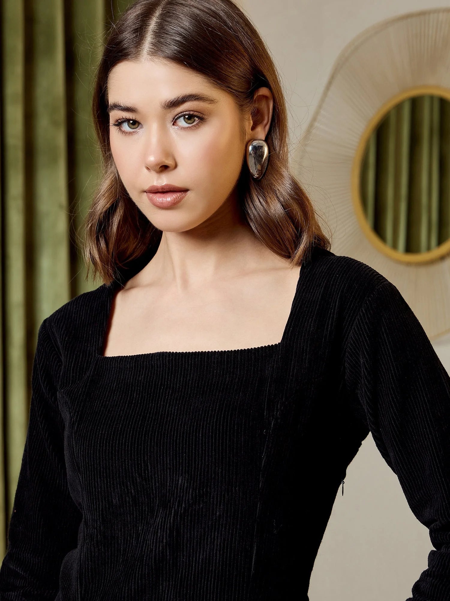 Black Corduroy Flare Dress - Women's Western Wear Fashion