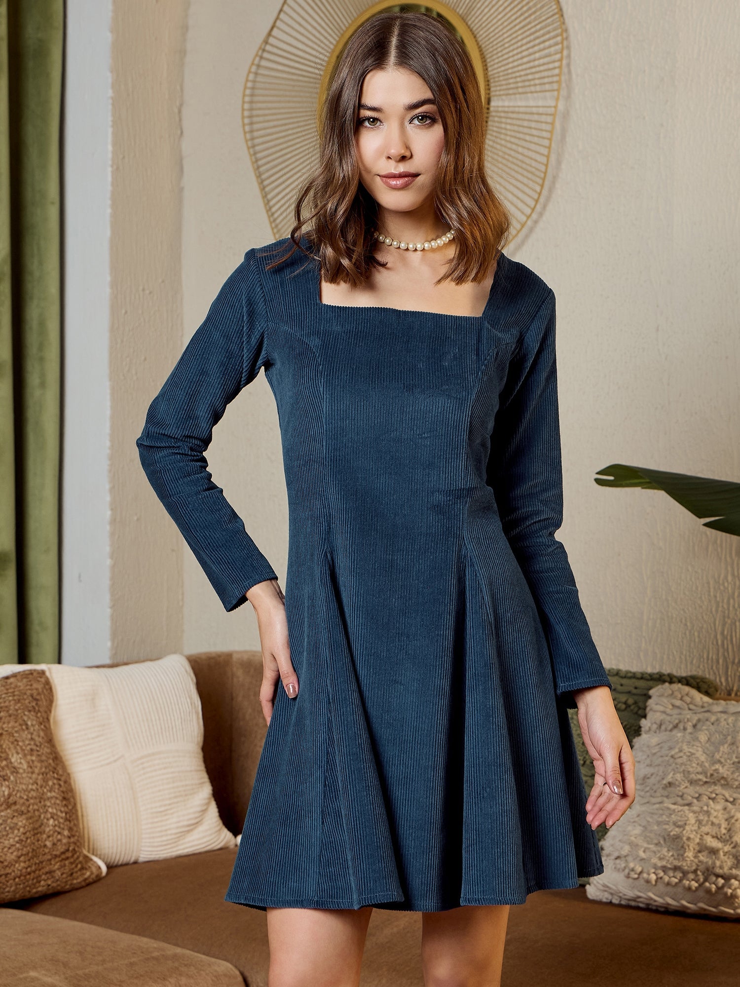 Blue Corduroy Flare Dress - Women's Western Clothing Store