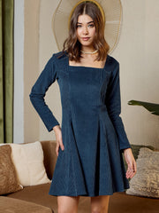 Short Flare Dress With Cut-Out Back In Blue Corduroy
