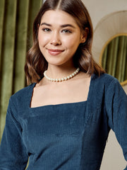 Short Flare Dress With Cut-Out Back In Blue Corduroy