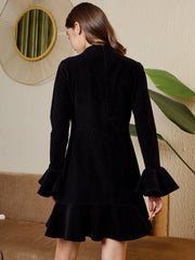 High Neck Mini Dress In Black Corduroy