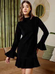 High Neck Mini Dress In Black Corduroy
