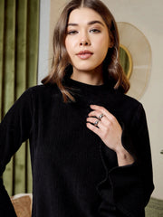 High Neck Mini Dress In Black Corduroy