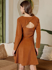Short Flare Dress With Cut-Out Back In Brown Corduroy