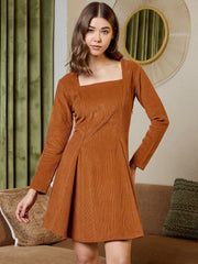 Short Flare Dress With Cut-Out Back In Brown Corduroy