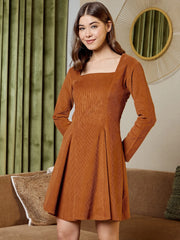 Short Flare Dress With Cut-Out Back In Brown Corduroy