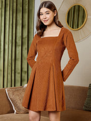 Short Flare Dress With Cut-Out Back In Brown Corduroy