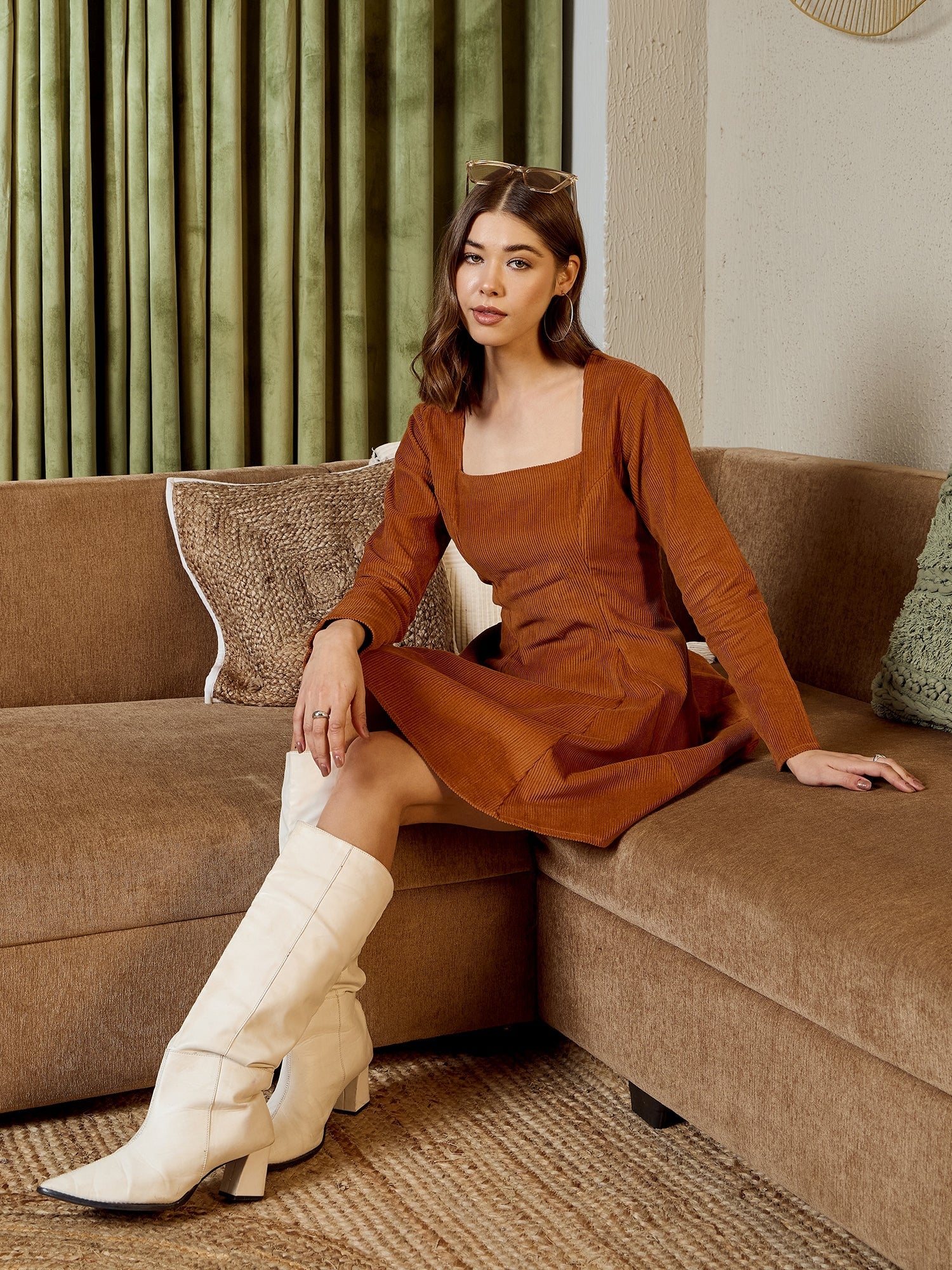 Brown Corduroy Flare Dress - Women's Western Wear Online