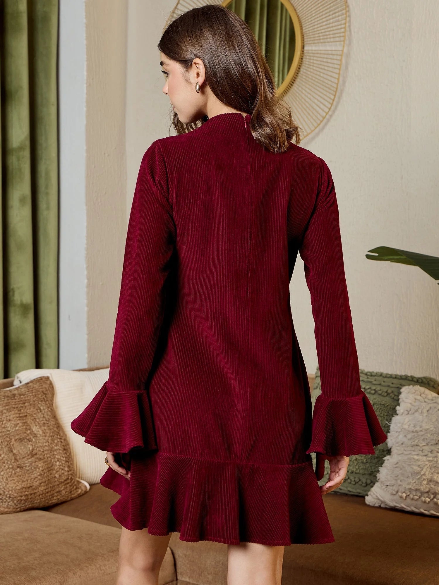Burgundy Corduroy Mini Dress - Women's Western Clothing