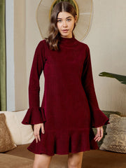 High Neck Mini Dress In Burgundy Corduroy