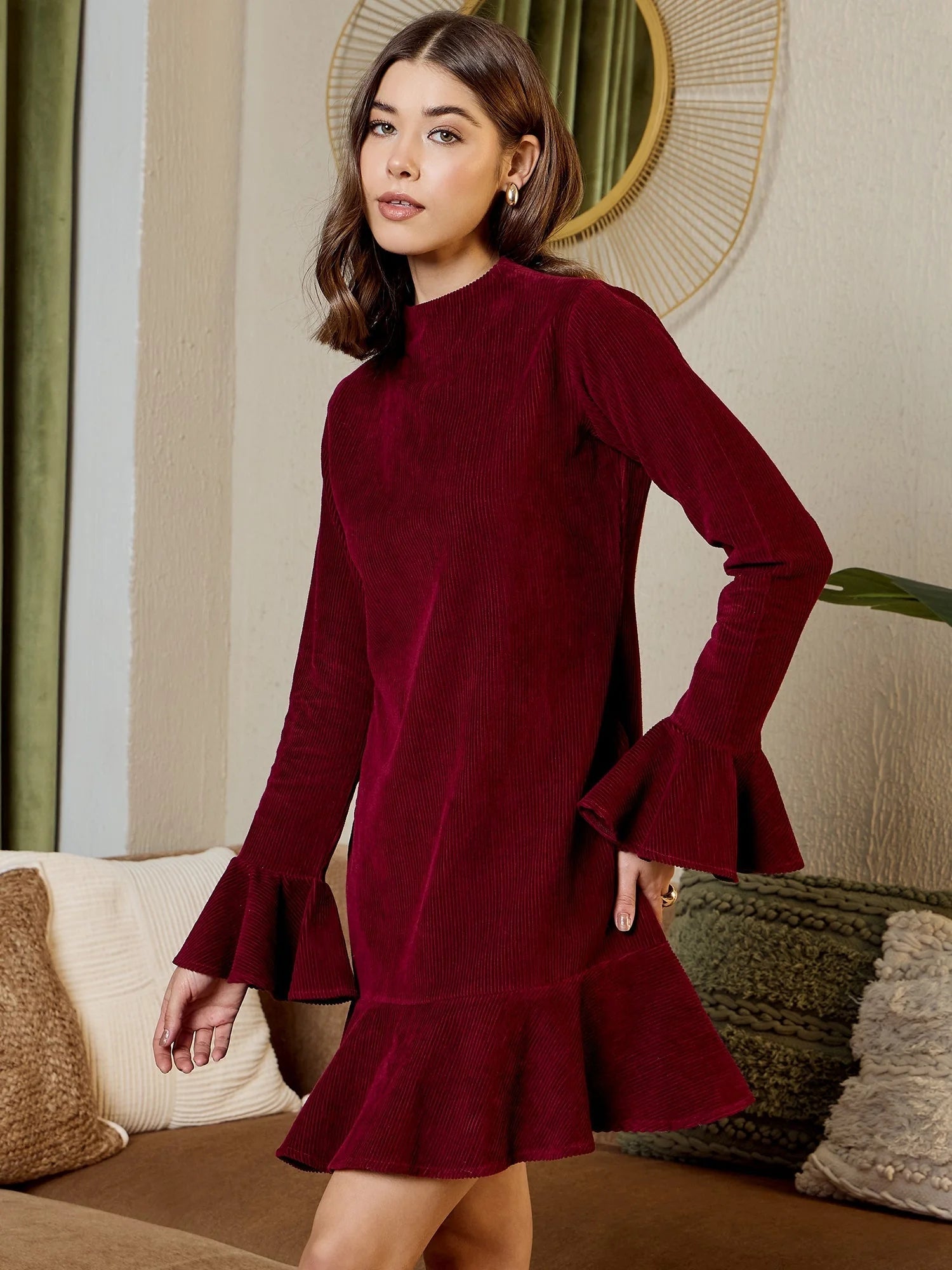 Burgundy Corduroy Mini Dress - Women's Western Clothing