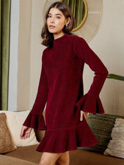 High Neck Mini Dress In Burgundy Corduroy