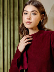 High Neck Mini Dress In Burgundy Corduroy