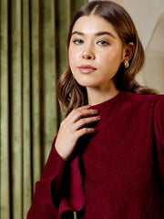 High Neck Mini Dress In Burgundy Corduroy