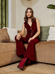 Waist Coat And Bell Bottom Pants In Burgundy Corduroy